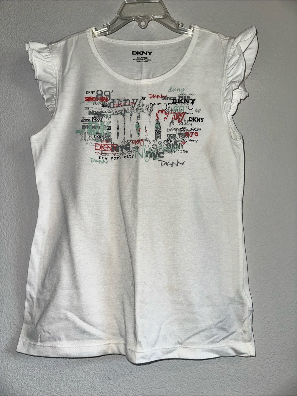 DKNY White Tank Top with Multicolor Logo Script X-Large girls
